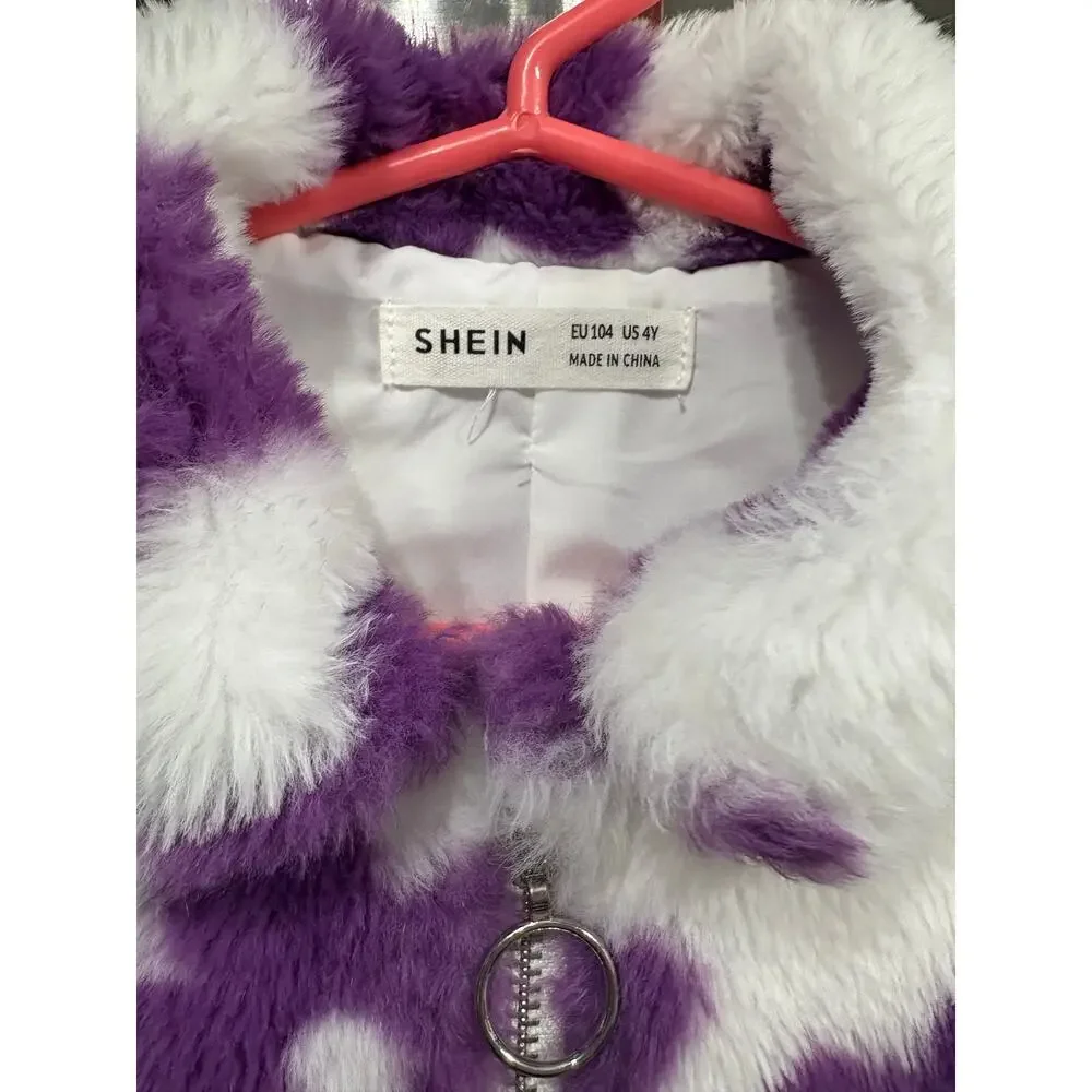 White and Purple Flower Fuzzy Coat - SHEIN - 4Y